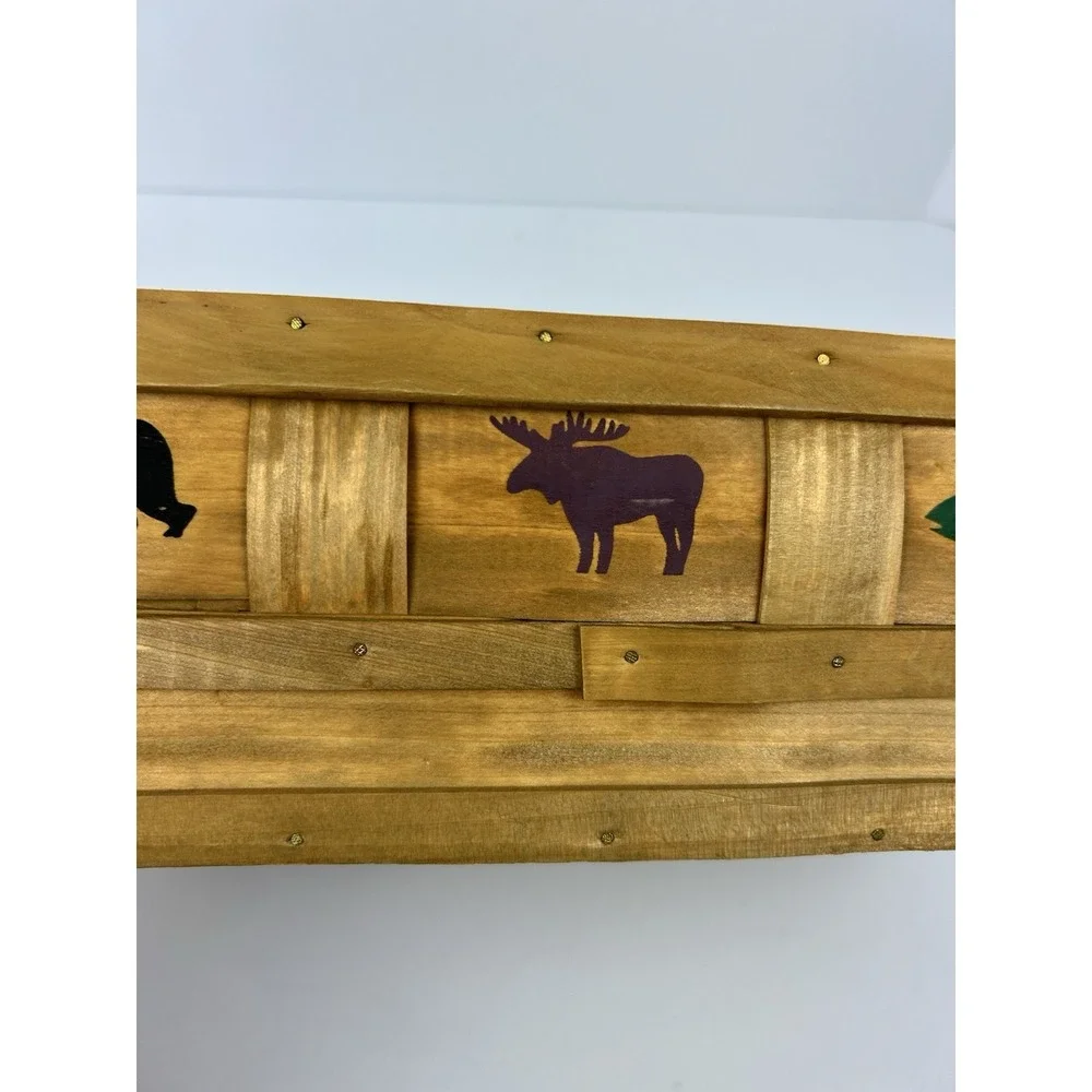 Vintage Rustic Bentwood Basket Bear Moose Fish Leather Handles Cabin Lodge Decor